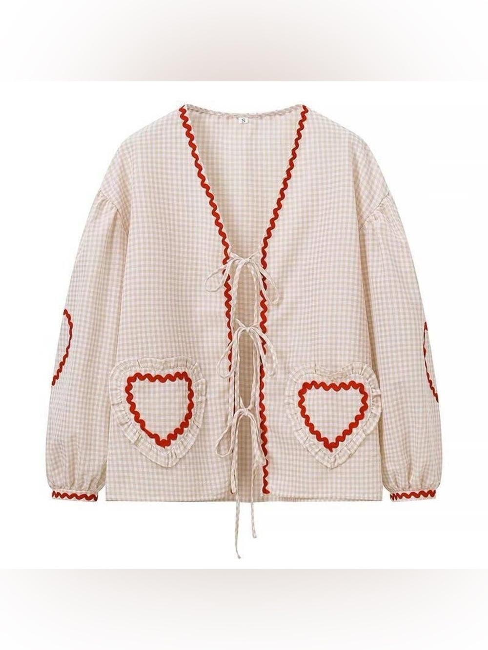 Beige Gingham Tie-Front Blouse